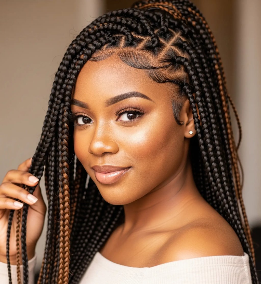 Long box braids with clean square partings at the scalp