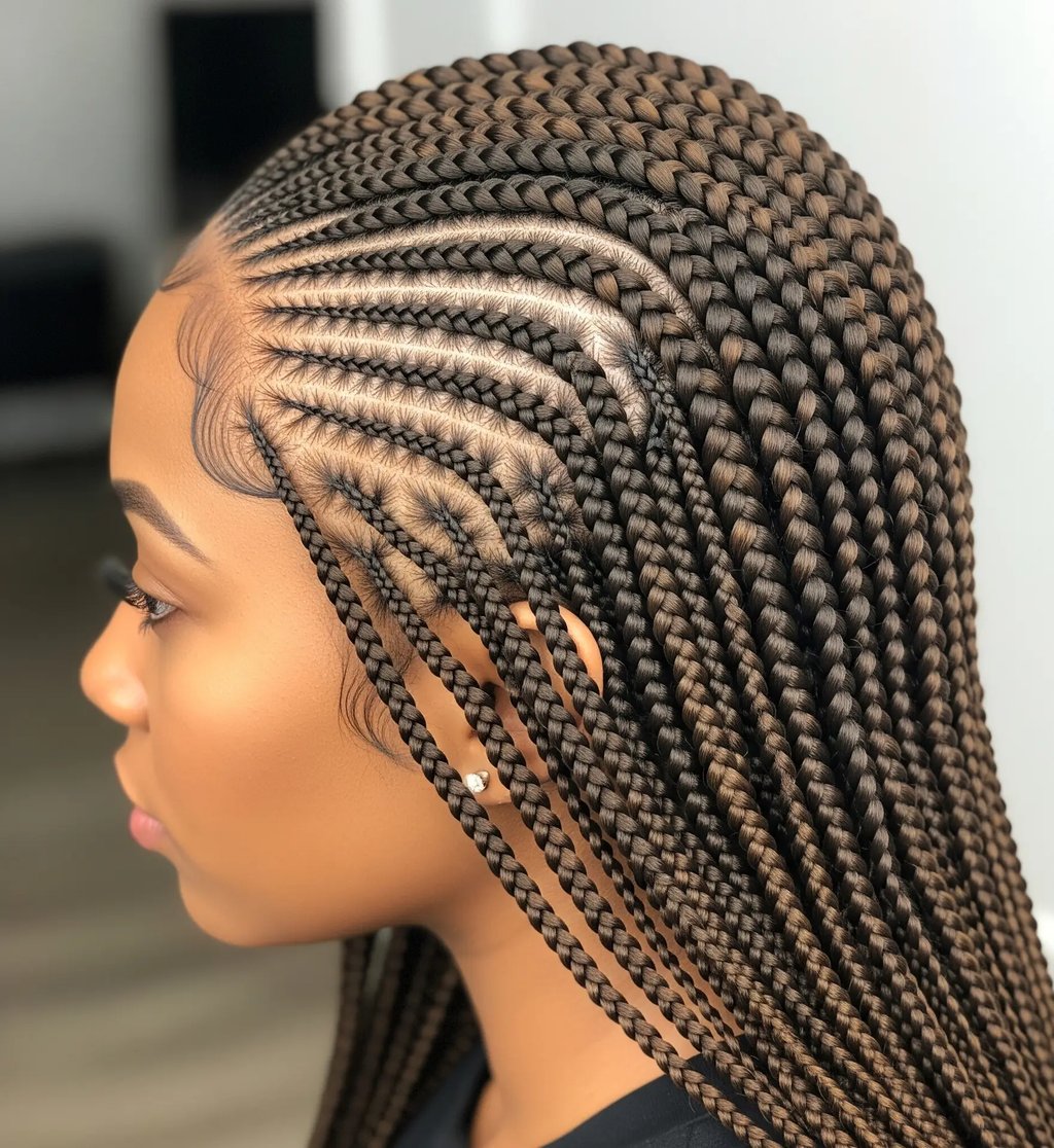 Detailed feed-in cornrows with clean curved parting