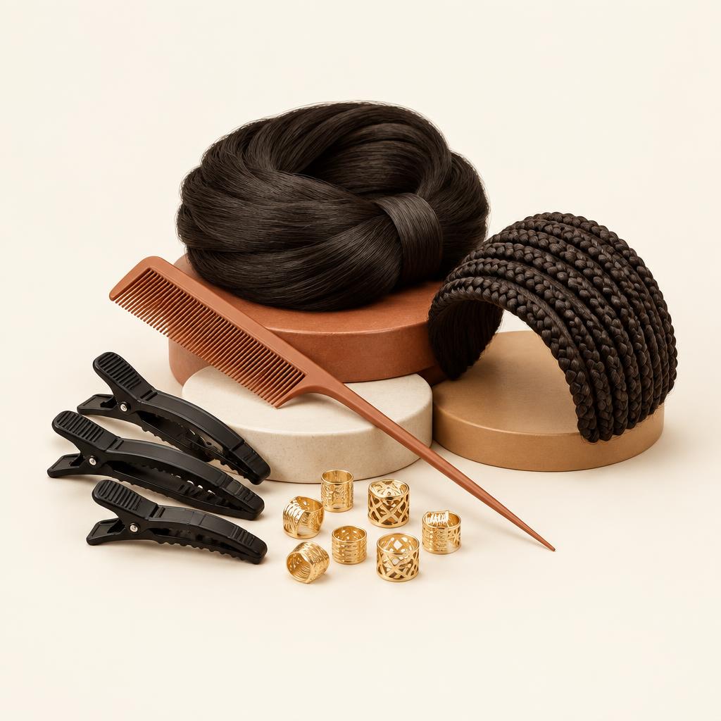 Sculptural 3D still life of braiding tools in warm terracotta and ivory tones