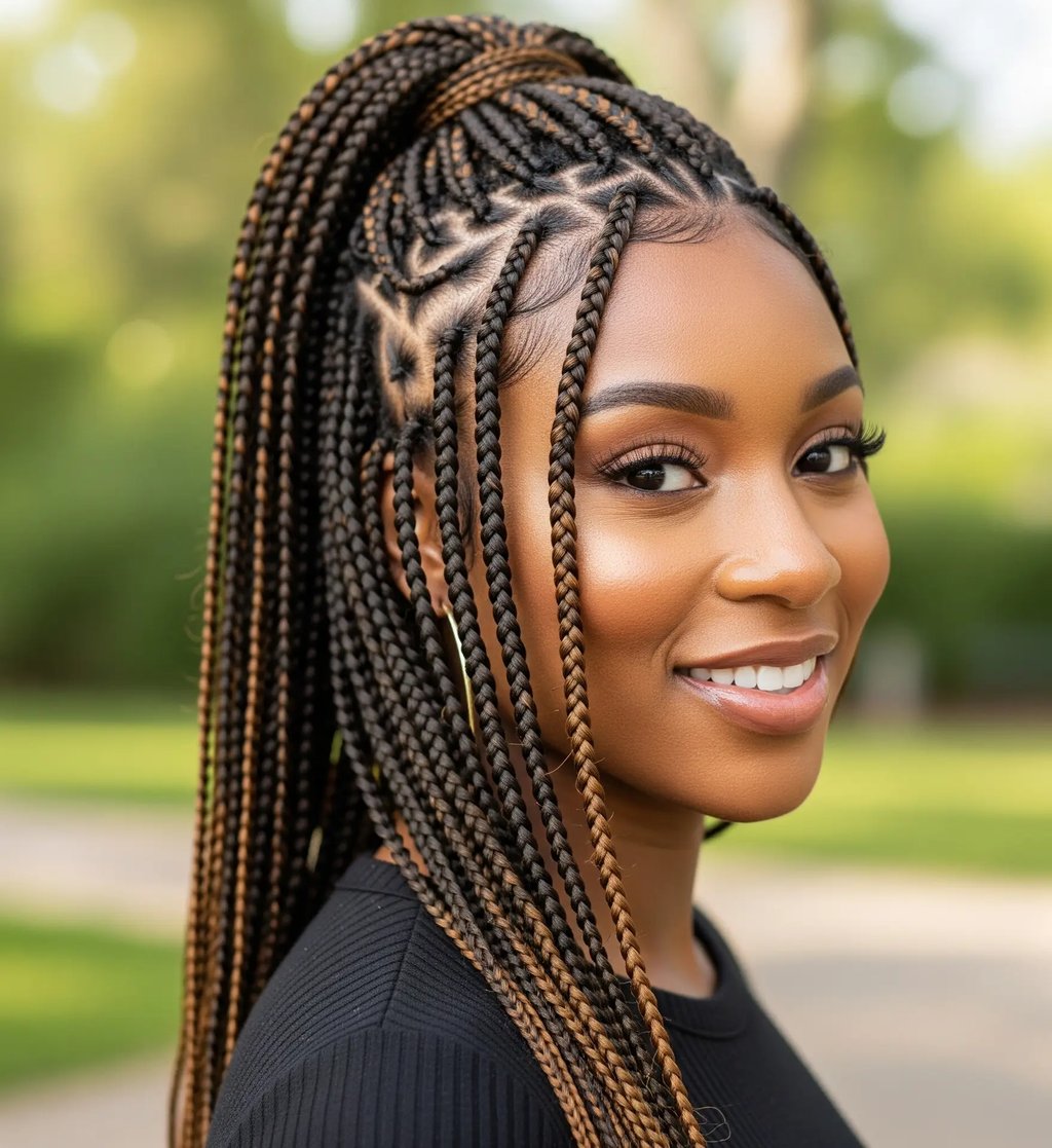 Long knotless braids with a neat, flat root
