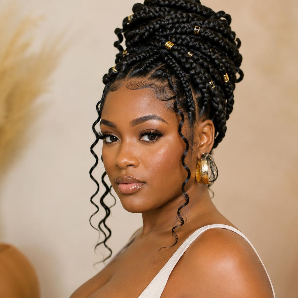 Bold goddess braids with soft wavy accents