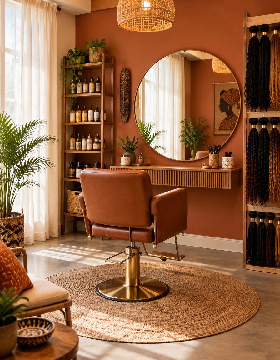 Inside the Gelila Braiding Studio studio — styling chair, round mirror and braiding hair in warm terracotta tones