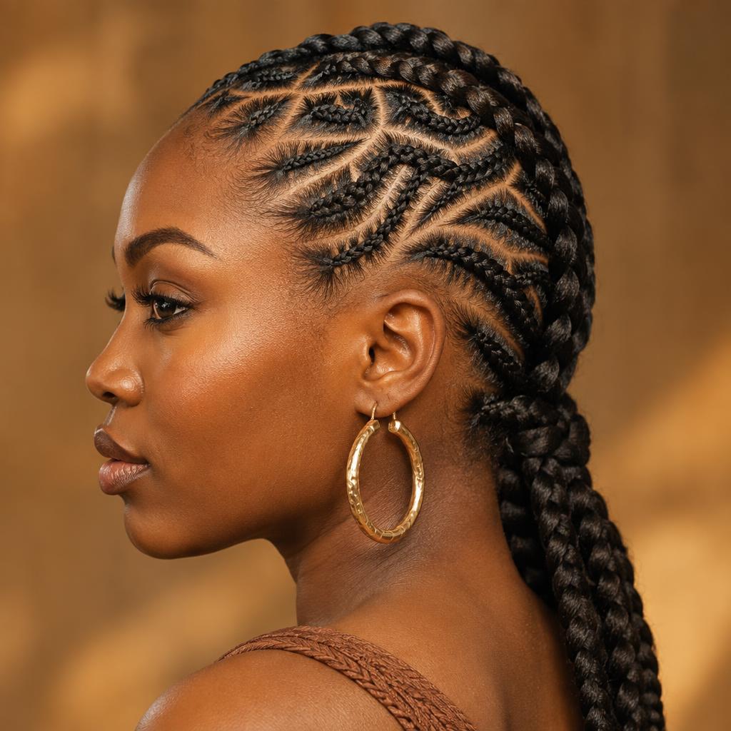 Intricate tribal cornrow pattern with braided ponytail